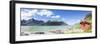 Panorama of the turquoise sea surrounded by peaks and typical house of fishermen, Strandveien, Lofo-Roberto Moiola-Framed Photographic Print