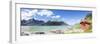 Panorama of the turquoise sea surrounded by peaks and typical house of fishermen, Strandveien, Lofo-Roberto Moiola-Framed Photographic Print