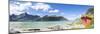 Panorama of the turquoise sea surrounded by peaks and typical house of fishermen, Strandveien, Lofo-Roberto Moiola-Mounted Photographic Print