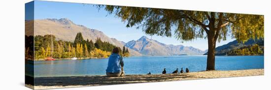 Panorama of Tourist Relaxing by Lake Wakatipu in Autumn at Queenstown, Otago, New Zealand-Matthew Williams-Ellis-Stretched Canvas