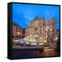 Panorama of Trevi Fountain Illuminated by Street Lamps and the Lights at Dusk, Rome, Lazio-Roberto Moiola-Framed Stretched Canvas