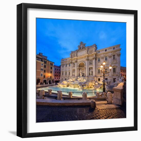 Panorama of Trevi Fountain Illuminated by Street Lamps and the Lights at Dusk, Rome, Lazio-Roberto Moiola-Framed Photographic Print