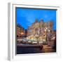 Panorama of Trevi Fountain Illuminated by Street Lamps and the Lights at Dusk, Rome, Lazio-Roberto Moiola-Framed Photographic Print