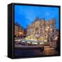 Panorama of Trevi Fountain Illuminated by Street Lamps and the Lights at Dusk, Rome, Lazio-Roberto Moiola-Framed Stretched Canvas