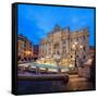 Panorama of Trevi Fountain Illuminated by Street Lamps and the Lights at Dusk, Rome, Lazio-Roberto Moiola-Framed Stretched Canvas