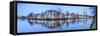 Panorama of typical houses and towers of cathedral reflected in river Trave at dusk Lubeck Schleswi-Roberto Moiola-Framed Stretched Canvas