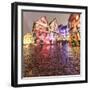 Panorama of typical houses enriched by Christmas ornaments and lights at dusk, Colmar, Haut-Rhin de-Roberto Moiola-Framed Photographic Print