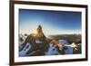 Panorama Seen from Sunset Through a Cairn on Pirchkogel with Snow, Summit Cross and Prayer Flags-Niki Haselwanter-Framed Photographic Print