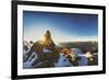 Panorama Seen from Sunset Through a Cairn on Pirchkogel with Snow, Summit Cross and Prayer Flags-Niki Haselwanter-Framed Photographic Print