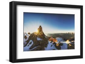 Panorama Seen from Sunset Through a Cairn on Pirchkogel with Snow, Summit Cross and Prayer Flags-Niki Haselwanter-Framed Photographic Print