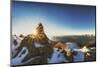 Panorama Seen from Sunset Through a Cairn on Pirchkogel with Snow, Summit Cross and Prayer Flags-Niki Haselwanter-Mounted Photographic Print