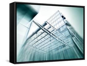 Panoramic and Perspective Wide Angle View to Steel Blue Background of Glass High Rise Building-Vladitto-Framed Stretched Canvas