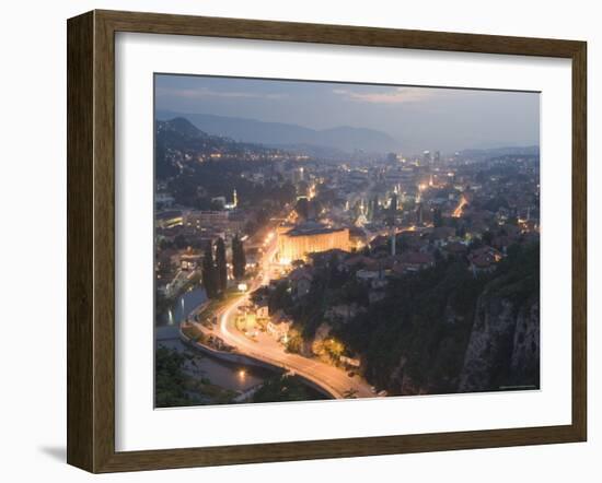 Panoramic Night View of the City, Sarajevo, Bosnia, Bosnia-Herzegovina, Europe-Christian Kober-Framed Photographic Print