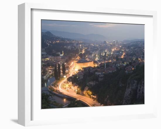 Panoramic Night View of the City, Sarajevo, Bosnia, Bosnia-Herzegovina, Europe-Christian Kober-Framed Photographic Print