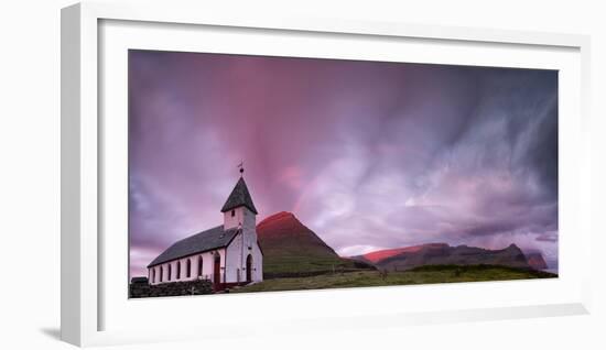 Panoramic of church of Vidareidi at sunrise, Vidoy island, Faroe Islands, Denmark-Roberto Moiola-Framed Photographic Print