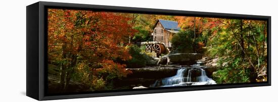 Panoramic of Glade Creek Grist Mil and Autumn Reflections and Waterfall in Babcock State Park, Wv-null-Framed Stretched Canvas