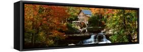 Panoramic of Glade Creek Grist Mil and Autumn Reflections and Waterfall in Babcock State Park, Wv-null-Framed Stretched Canvas