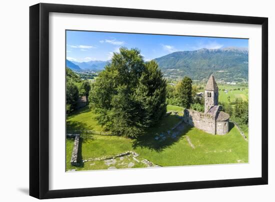 Panoramic of medieval Abbey of San Pietro in Vallate from drone, Piagno, Sondrio province, Lower Va-Roberto Moiola-Framed Photographic Print