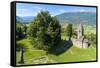 Panoramic of medieval Abbey of San Pietro in Vallate from drone, Piagno, Sondrio province, Lower Va-Roberto Moiola-Framed Stretched Canvas