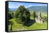 Panoramic of medieval Abbey of San Pietro in Vallate from drone, Piagno, Sondrio province, Lower Va-Roberto Moiola-Framed Stretched Canvas