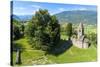 Panoramic of medieval Abbey of San Pietro in Vallate from drone, Piagno, Sondrio province, Lower Va-Roberto Moiola-Stretched Canvas