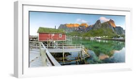 Panoramic of the Fishing Village Surrounded by Sea and Midnight Sun, Reine, Nordland County-Roberto Moiola-Framed Photographic Print