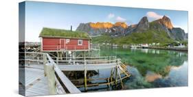 Panoramic of the Fishing Village Surrounded by Sea and Midnight Sun, Reine, Nordland County-Roberto Moiola-Stretched Canvas