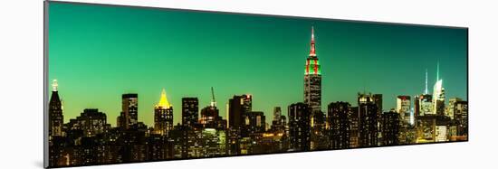 Panoramic Skyline of the Skyscrapers of Manhattan by Green Night from Brooklyn-Philippe Hugonnard-Mounted Photographic Print