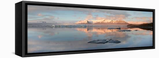 Panoramic View across the Calm Water of Jokulsarlon Glacial Lagoon Towards Snow-Capped Mountains-Lee Frost-Framed Stretched Canvas