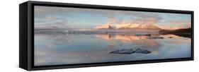 Panoramic View across the Calm Water of Jokulsarlon Glacial Lagoon Towards Snow-Capped Mountains-Lee Frost-Framed Stretched Canvas