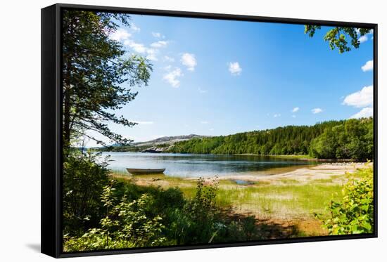 Panoramic View of A Lake with Boat from A Forest in Northern Norway-Lamarinx-Framed Stretched Canvas