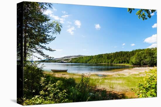 Panoramic View of A Lake with Boat from A Forest in Northern Norway-Lamarinx-Stretched Canvas