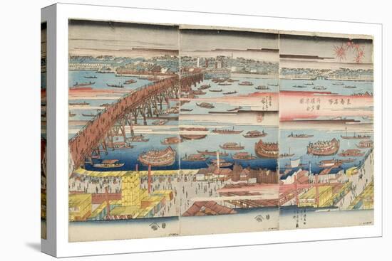 Panoramic View of a Summer Evening at Ryogoku Bridge, C.1832-34-Utagawa Hiroshige-Stretched Canvas