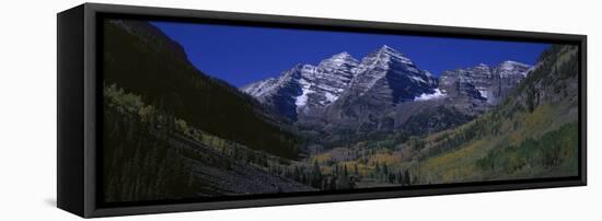 Panoramic View of Autumn Colors of Aspens Reflecting in Lake under Maroon Bells-null-Framed Stretched Canvas