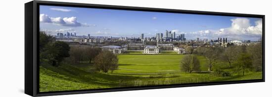 Panoramic View of Canary Wharf, the Millennium Dome, and City of London-Charlie Harding-Framed Stretched Canvas