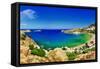 Panoramic View of Lindos Bay, Rhodes Island, Greece-Maugli-l-Framed Stretched Canvas