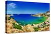 Panoramic View of Lindos Bay, Rhodes Island, Greece-Maugli-l-Stretched Canvas