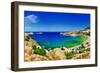 Panoramic View of Lindos Bay, Rhodes Island, Greece-Maugli-l-Framed Photographic Print