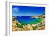 Panoramic View of Lindos Bay, Rhodes Island, Greece-Maugli-l-Framed Photographic Print