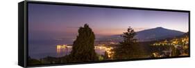 Panoramic view of Mount Etna and Giardini Naxos at dusk from Taormina, Sicily, Italy, Mediterranean-John Miller-Framed Stretched Canvas