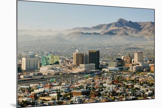 Panoramic view of skyline and downtown El Paso Texas looking toward Juarez, Mexico-null-Mounted Photographic Print