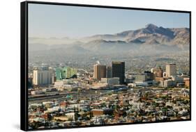 Panoramic view of skyline and downtown El Paso Texas looking toward Juarez, Mexico-null-Framed Stretched Canvas