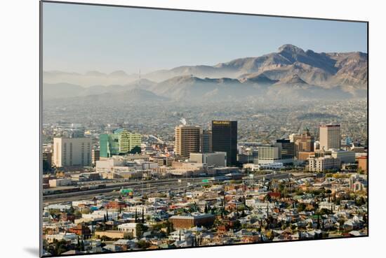 Panoramic view of skyline and downtown El Paso Texas looking toward Juarez, Mexico-null-Mounted Photographic Print