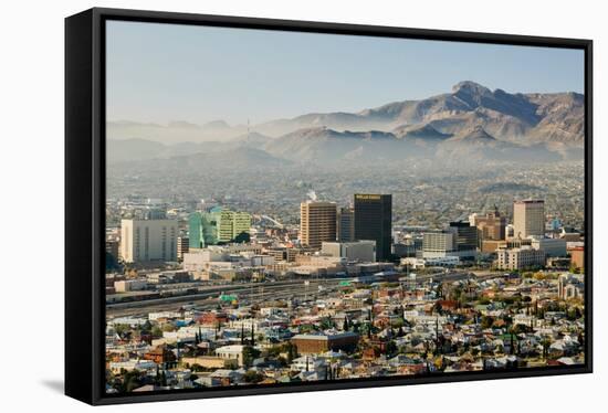 Panoramic view of skyline and downtown El Paso Texas looking toward Juarez, Mexico-null-Framed Stretched Canvas