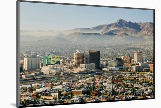 Panoramic view of skyline and downtown El Paso Texas looking toward Juarez, Mexico-null-Mounted Photographic Print