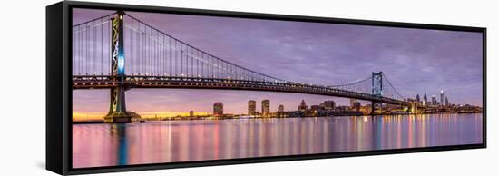 Panoramic View of the Ben Franklin Bridge and Philadelphia Skyline, under a Purple Sunset-Mihai Andritoiu-Framed Stretched Canvas