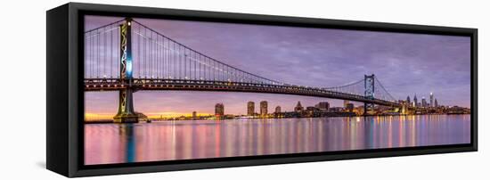 Panoramic View of the Ben Franklin Bridge and Philadelphia Skyline, under a Purple Sunset-Mihai Andritoiu-Framed Stretched Canvas