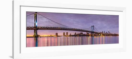 Panoramic View of the Ben Franklin Bridge and Philadelphia Skyline, under a Purple Sunset-Mihai Andritoiu-Framed Photographic Print