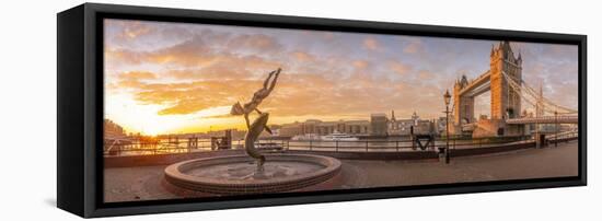 Panoramic view of Tower Bridge, Girl with Dolphin, The Shard and River Thames at sunrise, London-Frank Fell-Framed Stretched Canvas