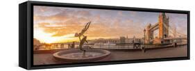 Panoramic view of Tower Bridge, Girl with Dolphin, The Shard and River Thames at sunrise, London-Frank Fell-Framed Stretched Canvas